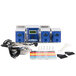 A group of blue and white electrical devices including three Dema V-Line OPL laundry chemical dispenser pumps.