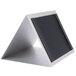 A brushed aluminum triangular Menu Solutions displayette with three 4" x 6" panels.