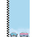 The left insert with a blue and black checkered background and retro themed cars.
