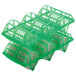 A green plastic Cambro wash and store rack with white circles.