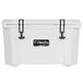 A white Grizzly Cooler with black handles and a white lid.