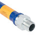 A blue and yellow Dormont gas connector hose with metal fittings.