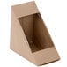 A brown triangular Kraft paper box with clear plastic inside.