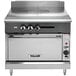 A large stainless steel Vulcan V1FT36C-NAT gas range with a French top and convection oven.