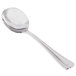 A close-up of a Libbey stainless steel bouillon spoon with a white background.