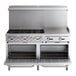 A stainless steel Cooking Performance Group commercial gas range with 6 burners, a 24 inch griddle, and 2 standard ovens.