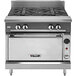 A Vulcan stainless steel V series 4 burner gas range with standard oven.
