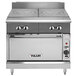 A large stainless steel Vulcan liquid propane range with a French plate and oven.