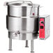 A Vulcan 60 gallon stainless steel stationary steam kettle with a red control panel.