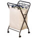 An antique bronze rectangular laundry hamper with a white cloth bag on wheels.