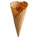 A JOY waffle cone with a brown waffle on top and empty inside.