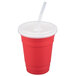 A red GET plastic tumbler with a lid and straw.
