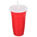 A red plastic GET tumbler with a white lid and straw.