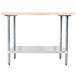 An Advance Tabco wood top work table with a galvanized undershelf.