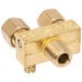 A Cooking Performance Group pilot valve for stove burners with two threaded fittings on a brass pipe.