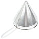 A Vollrath metal cone strainer with a handle.