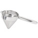 A silver metal Vollrath fine china cap strainer with a handle.