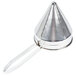 A Vollrath stainless steel China cap strainer with a handle.