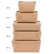 A stack of Fold-Pak Bio-Plus Earth Kraft paper take-out boxes.