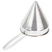 A Vollrath stainless steel China cap strainer with a handle.