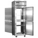A stainless steel Continental Refrigerator reach-in freezer with two half doors open.