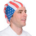 A man wearing a Headsweats American flag ultra bandana on his head.