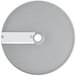 A silver disc with a hole in the middle and a white rectangular handle.