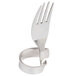 A Tablecraft stainless steel fork menu/card holder with a silver ring.