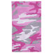 A pink and grey camouflage pattern cloth headband.