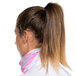 A woman with a ponytail wearing a pink and white camo Headsweats bandana.