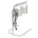 An Avantco silver aluminum free standing heat lamp with a cord attached to it.