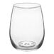 A clear, stemless wine glass with a 15 oz. capacity.