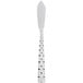 A silver 10 Strawberry Street stainless steel butter knife with black dots on the handle.
