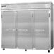 A Continental Refrigerator white reach-in freezer with three solid doors.
