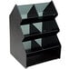 A black plastic Vollrath condiment holder with three glass shelves.