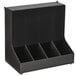 A black plastic Vollrath condiment holder with four bins on a counter.