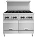A Vulcan commercial gas range with 8 burners and 2 ovens.