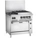 A large stainless steel Vulcan commercial gas range with 2 burners, a charbroiler, and convection oven base.
