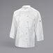 A Mercer Culinary white chef coat with buttons and cuffs.