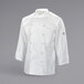 A close up of a white Mercer Culinary unisex chef coat with buttons and cuffs.