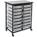 A grey and black metal cart with drawers.