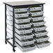 A black metal storage cart with white plastic drawers.