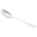 The handle of a Libbey stainless steel dessert spoon with a silver finish.