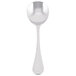 A Libbey stainless steel bouillon spoon with a silver bowl and handle on a white background.
