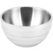 A close-up of a silver Vollrath stainless steel bowl with a white background.