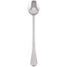 A close up of a Libbey stainless steel iced tea spoon with a handle.