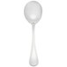 A Libbey stainless steel soup spoon with a white background.