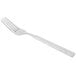 A silver Libbey Zephyr dinner fork with a white background.
