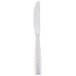 A silver Libbey stainless steel dinner knife with a textured handle.
