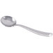 A close-up of a silver Libbey bouillon spoon with a curved handle.